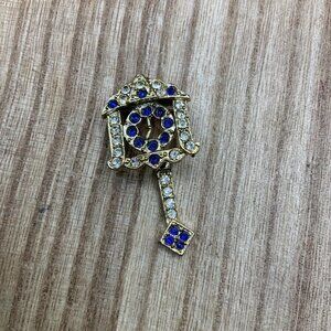 Pendulum Clock Vintage Blue Rhinestone Silver Tone Pin Brooch